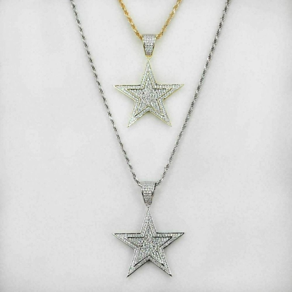 Solid 925 Silver Real Hip Hop Diamond Star Pendant